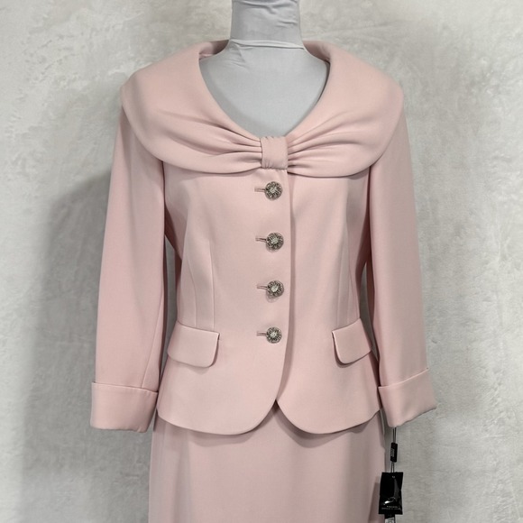 NEW Tahari ASL Blazer Skirt Suit Size 6 4 Bow Pleated Pale Pink Icon 2 Pc Set - Picture 3 of 16